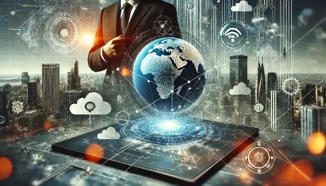 Modern business cover image featuring digital interfaces, cloud networks, and technology graphics for Elite Tech Solutions.