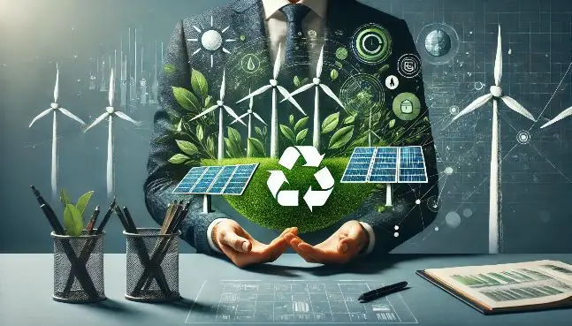 Solar panels, wind turbines, and green energy symbols representing renewable energy for EcoPower Solutions.