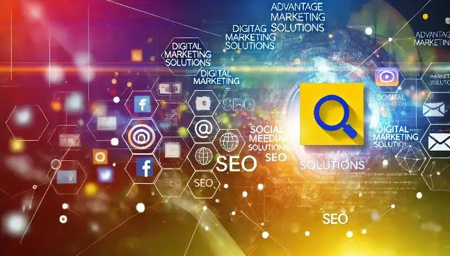 Digital marketing icons and abstract graphics representing SEO and advertising for AdVantage Marketing Solutions.