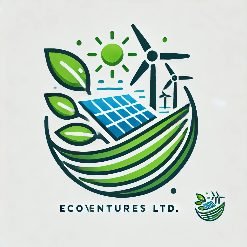 Logo for EcoVentures Ltd., featuring a green leaf, a solar panel, and a wind turbine, representing sustainable energy solutions, with the company name in a sleek, modern font.