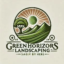 Logo for GreenHorizons Landscaping, featuring a stylized tree, green hills, and a sun rising on the horizon, symbolizing natural beauty and growth, with the company name in an elegant font.