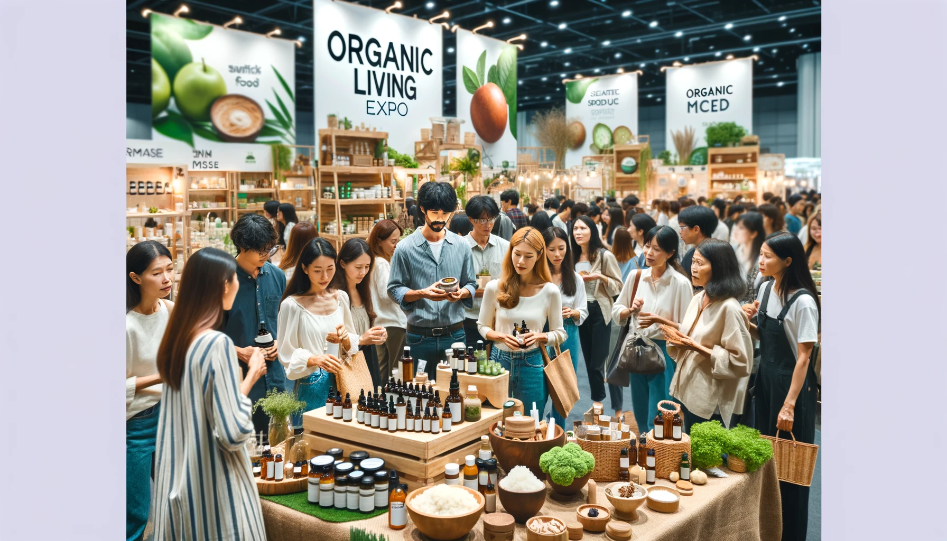 Organic Living Expo - Visitors exploring organic products at an exhibition booth.