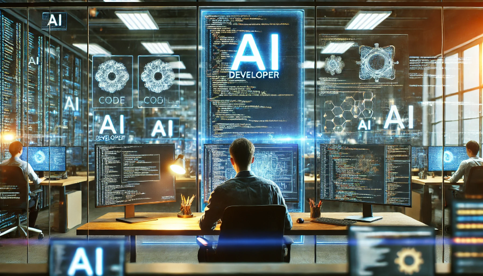 AI developer working on coding and AI algorithms in a modern tech office.