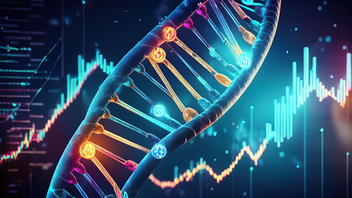 Futuristic DNA strand made of financial symbols like dollar signs, graphs, symbolizing the integration of financial innovations into the evolving DNA of modern business, with digital data, charts in the background representing financial growth.