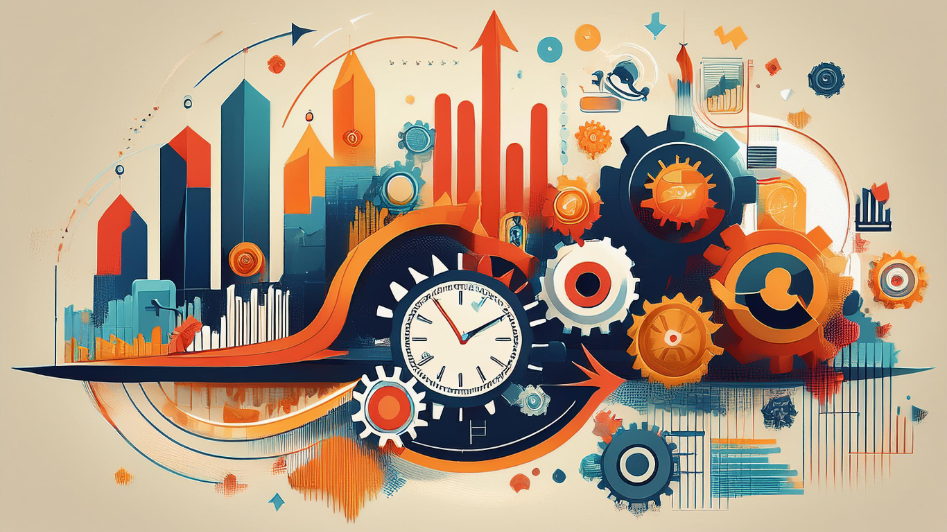 Abstract image symbolizing daily business prioritization with gears, clocks, and arrows representing time management, focus, and business growth.