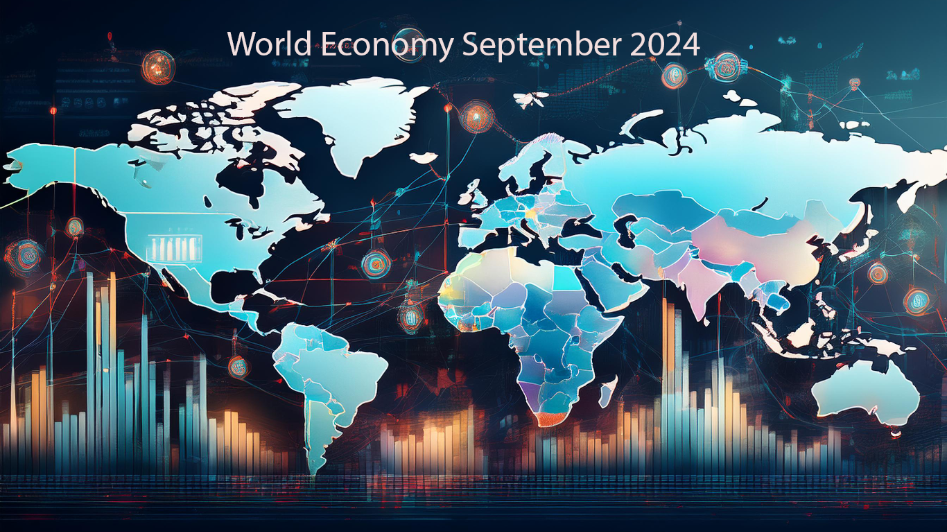 World Economy September 2024: A digital world map with financial data points and bar charts, highlighting global economic trends, regional performance, and the impact of digital transformation.