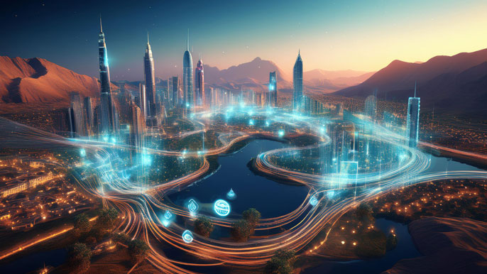 Futuristic visualization of Oman with holographic icons over landscapes, symbolizing OL-1 satellite’s impact on telecommunications, environmental monitoring, and sustainable development.