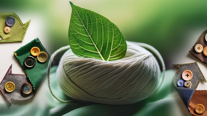 A green leaf resting on a spool of yarn, surrounded by fabric swatches with buttons arranged in a recycling symbol, symbolizing the harmony between sustainable materials and eco-friendly fashion practices.