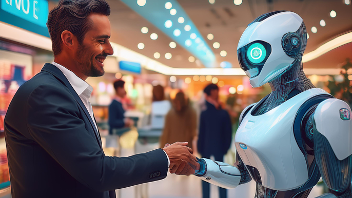 A business professional smiling and shaking hands with an AI-powered customer service robot inside a modern retail store, representing the integration of facial recognition technology and AI to enhance customer interaction.