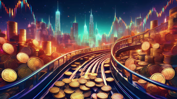 A rollercoaster track made of coins surrounded by towering stock charts and piles of gold, symbolizing the high-risk, high-reward nature of penny stock investing.