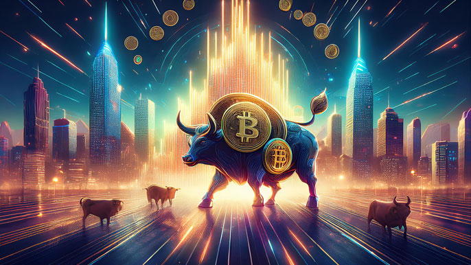 Futuristic bullish crypto-themed artwork showing a glowing bull adorned with Bitcoin symbols, surrounded by golden coins and skyscrapers in a digital cityscape.