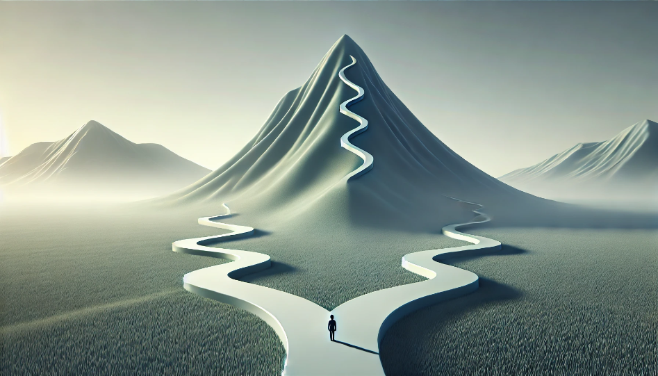 Two different paths on a hill, one smooth and easy, the other rough and winding, leading upwards to a challenging peak, symbolizing the choices and challenges in the entrepreneurial journey.