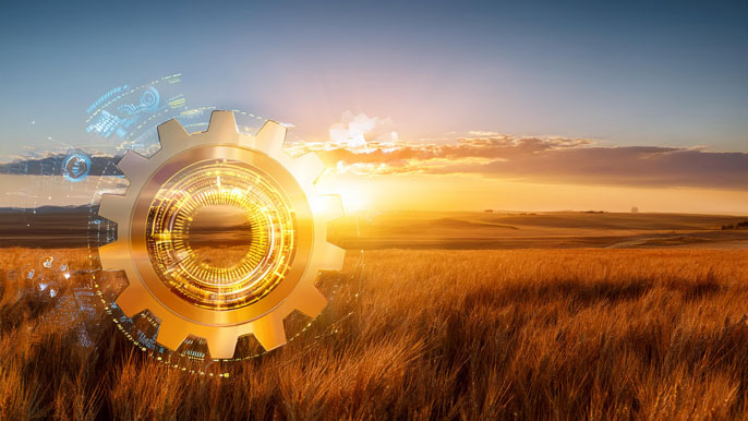 A golden gear glowing in a vast African savanna at sunrise, symbolizing energy, growth, and resource-driven economic development.