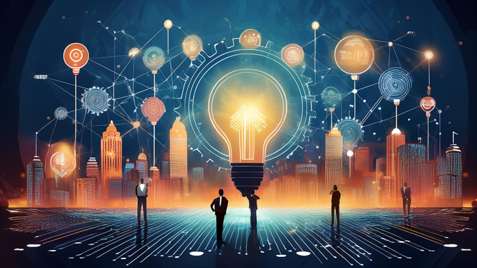 Abstract image symbolizing entrepreneurship, featuring a glowing lightbulb, gears, and financial symbols, with a backdrop of a cityscape and interconnected ideas representing creativity, innovation, and business growth