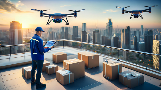 Worker using a tablet to manage drone deliveries on a rooftop hub in a futuristic city, with drones carrying packages and a modern skyline in the background.