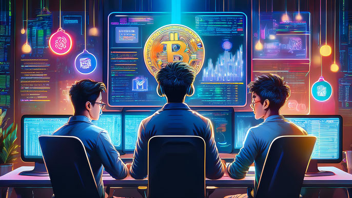 Developers collaborating on a meme coin project, surrounded by glowing blockchain codes, colorful crypto logos, and analytical charts showcasing token performance.