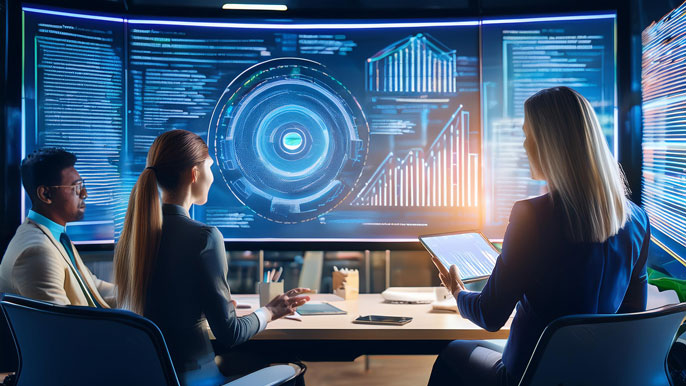 An HR team reviewing an AI-driven performance improvement plan on a large futuristic dashboard, with graphs and adaptive learning metrics displayed.