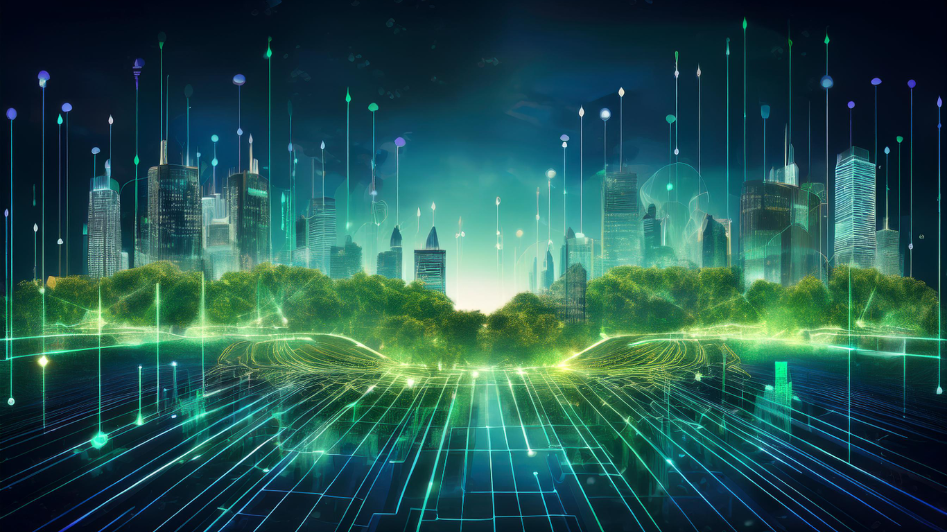 A futuristic cityscape with glowing green energy lines and digital elements, symbolizing innovation, sustainability, and technology in modern business.