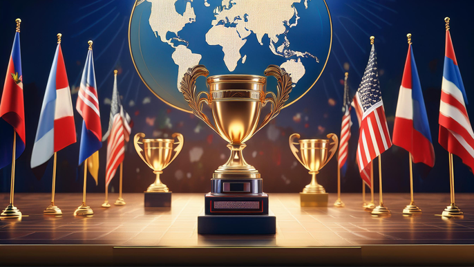 An elegant global business awards ceremony setting with trophies and international flags, symbolizing prestigious recognition in business achievements across various industries worldwide.