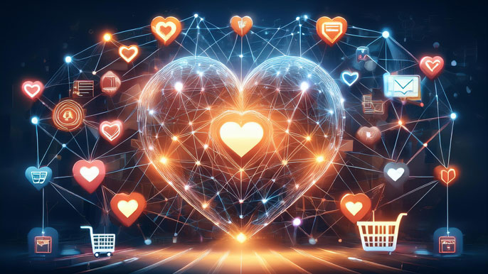 Heart-shaped network glowing with interconnected icons for social media, email, shopping carts, and messages, symbolizing empathy-driven marketing and emotional connections in digital brand loyalty.