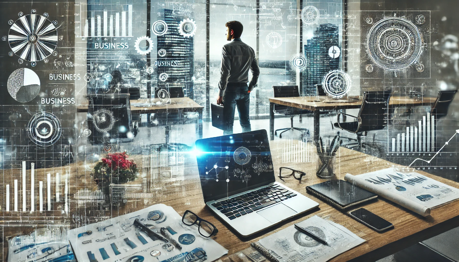 A young entrepreneur working in a modern office, surrounded by a laptop, business plans, charts, and digital tools, symbolizing ambition and the start of a successful business journey.