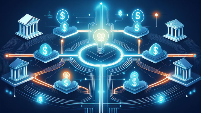 Visual representation of diverse funding options with glowing icons like dollar signs, banks, and lightbulbs, symbolizing the pathways to securing business investment and financial growth.