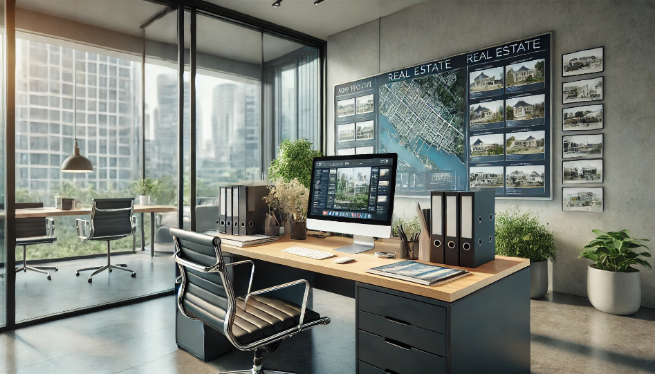 Modern real estate office with a desk, computer, brochures, and a property map on the wall.