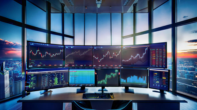 A high-tech stock trading workstation with multiple monitors displaying financial charts and stock metrics, set against a backdrop of a vibrant cityscape at sunset, symbolizing dynamic investment opportunities.