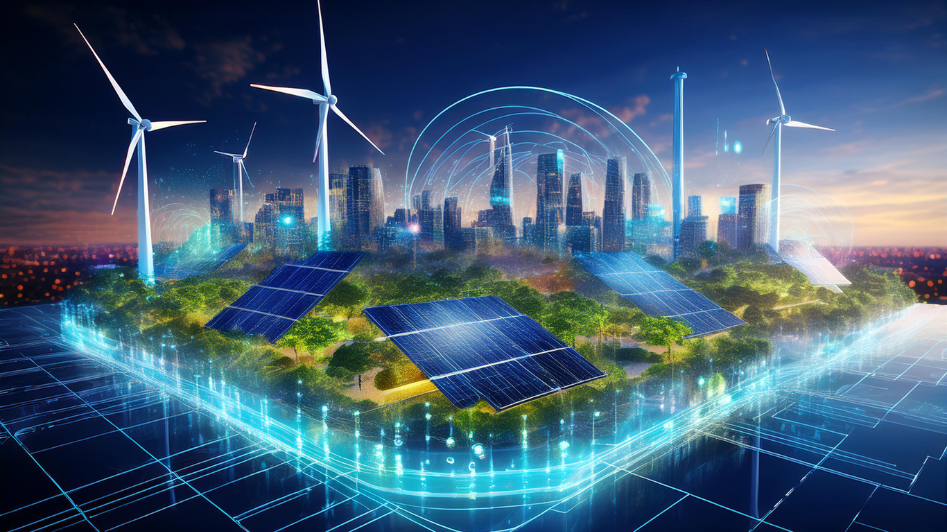 Futuristic city in 2025 powered by sustainable energy, featuring wind turbines, solar panels, and digital networks, representing emerging business opportunities in renewable energy and green technology.