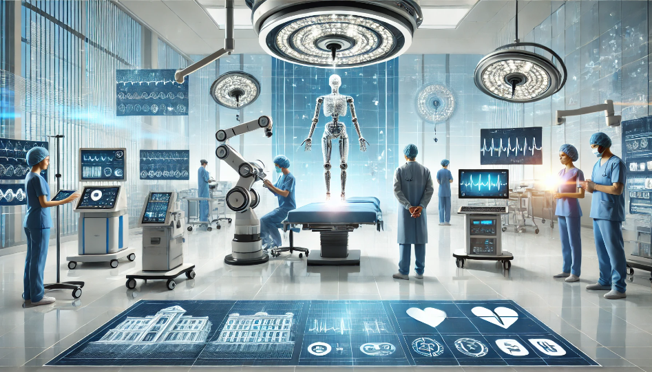 A futuristic hospital with advanced medical technology, doctors using robotic surgery equipment, and digital health monitors, symbolizing the integration of technology in Indian healthcare.