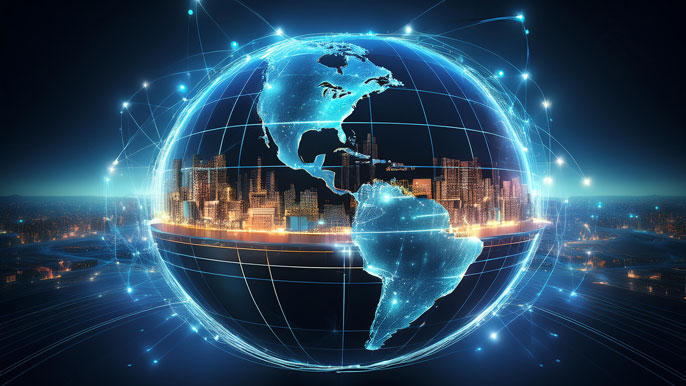 A glowing globe with digital lines connecting physical and digital stores around the world, symbolizing the global reach of businesses utilizing both online and offline marketplaces.