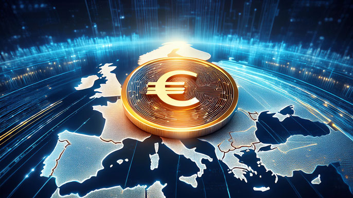 A glowing Euro coin hovering over a digital map of Europe, symbolizing the strength and connectivity of European share markets.