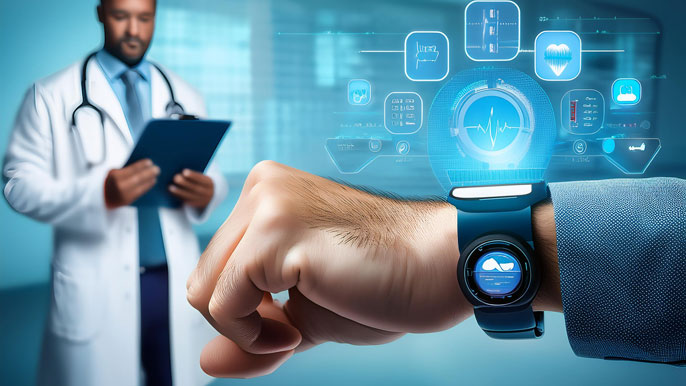 A wearable health monitor displaying real-time health data on a person's wrist, with a doctor in the background reviewing similar data, representing AI's role in health tracking and providing insights for healthcare.