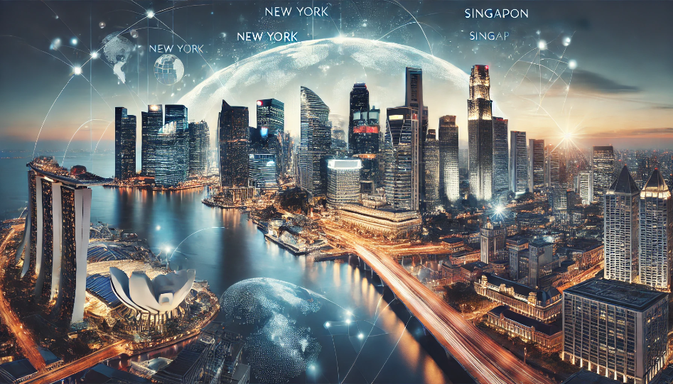 A wide image showcasing famous city skylines, including New York, London, Singapore, and San Francisco, symbolizing top global cities for business opportunities.