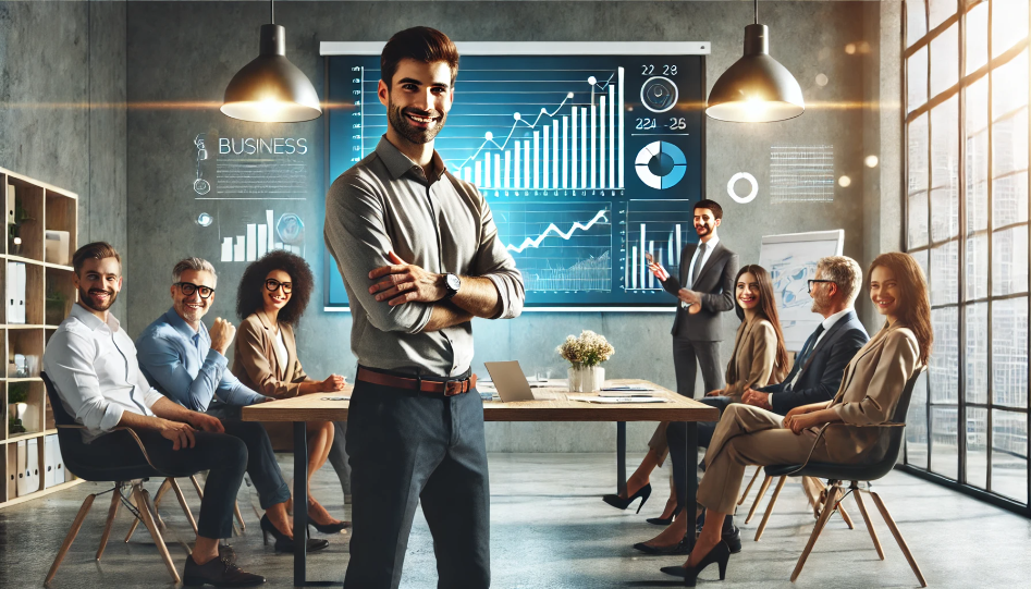 An entrepreneur presents a business idea to colleagues in a modern office, with a large screen showing growth charts, symbolizing business potential and feasibility.