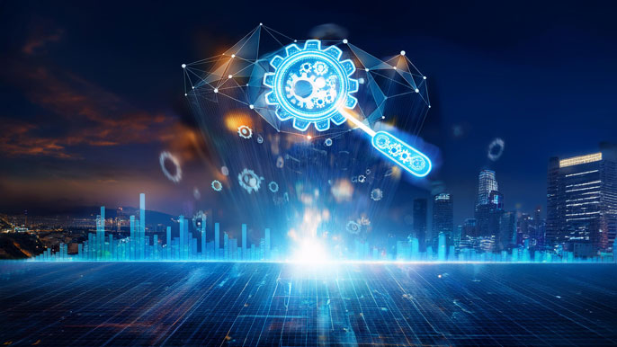 A glowing magic wand emitting digital gears and network connections, hovering over a futuristic cityscape, symbolizing the transformative power of modern business tools driving growth and efficiency.