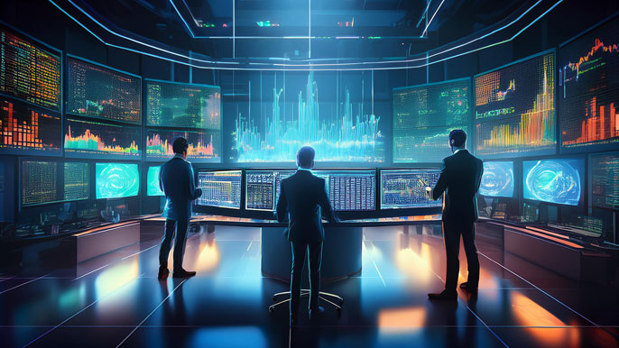 Three traders analyzing large digital screens displaying stock data and graphs in a futuristic trading floor setting.