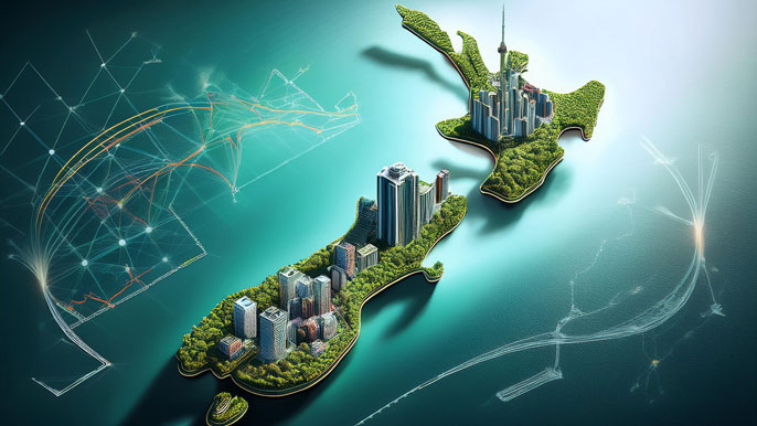 A futuristic New Zealand map with financial skyscrapers and digital trade connections, symbolizing the country’s thriving stock market and global investments.