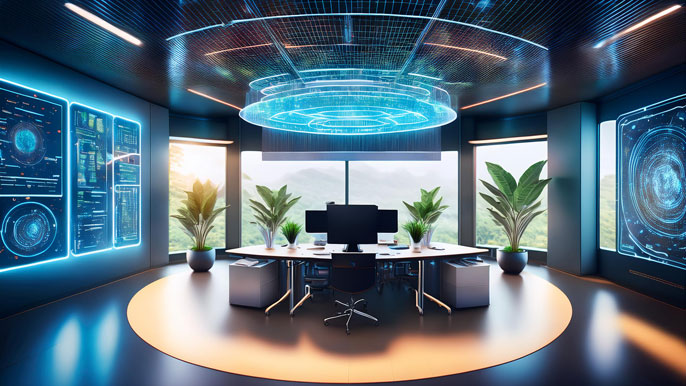 Futuristic workspace featuring glowing holographic screens, a central AI hub, and minimalist workstations. The space is surrounded by digital data displays and natural elements like plants, symbolizing the balance between technology and sustainability.