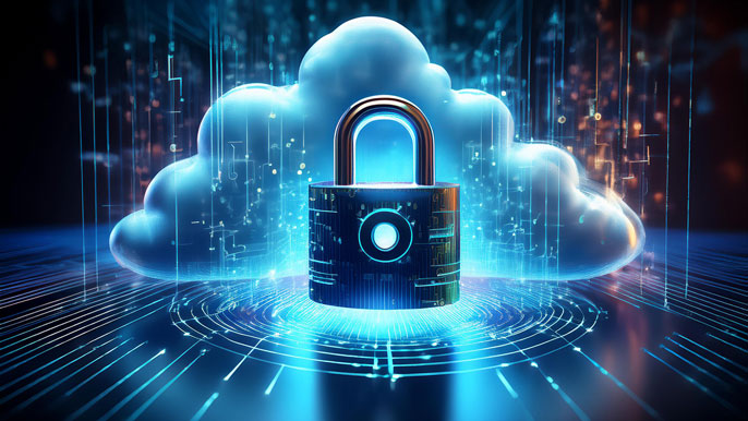 A digital lock symbol in front of a cloud, representing secure quantum encryption in cloud computing.