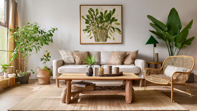 A cozy living room featuring sustainable home decor with a reclaimed wood coffee table, neutral-toned cushions, and lush indoor plants, creating a natural and eco-friendly ambiance.