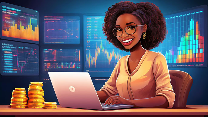 A cheerful trader working on a laptop, surrounded by glowing stock charts, colorful graphs, and stacks of coins, showcasing the fun and engaging side of stock trading.