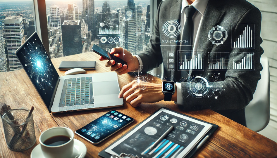 A business owner in a modern office using a smartphone, tablet, and smartwatch, with a city skyline in the background.