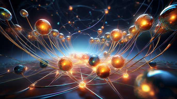 A visual array of glowing neutral atoms interconnected by thin energy lines, representing their use as qubits in neutral atom quantum computing.