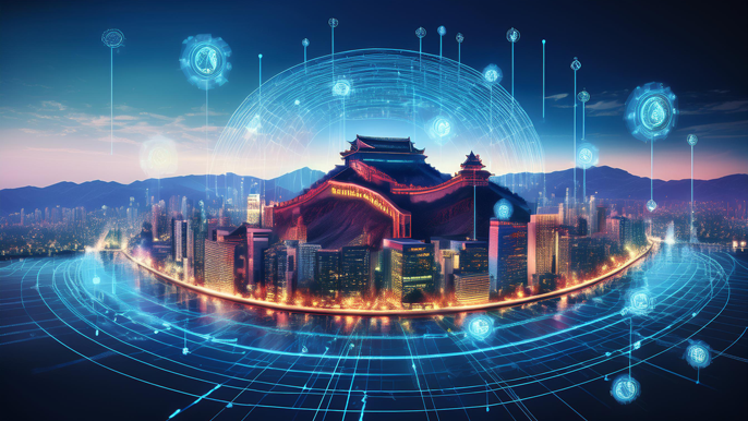 Symbolic image of modern Chinese cityscape with the Great Wall, surrounded by digital icons representing technology, e-commerce, and global business growth, highlighting the impact of big brands from China on the global stage.