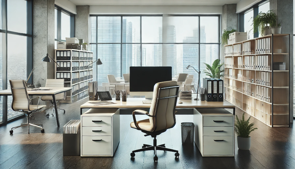 A modern, organized entrepreneur's office with a large desk, monitors, ergonomic chair, and natural light.