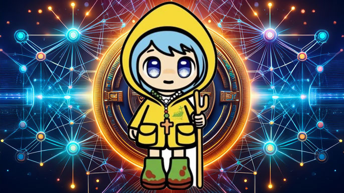 The LUCE Token mascot symbolizing the Holy Year, set against a vibrant blockchain network background, representing the blend of tradition and modern blockchain technology.