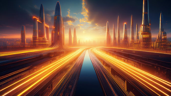 Futuristic cityscape with glowing golden energy streams flowing between skyscrapers, symbolizing innovation and global energy growth.