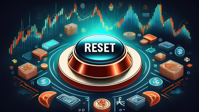 A "Reset" button surrounded by financial icons and stock market charts, symbolizing recovery and starting fresh after a trading loss.