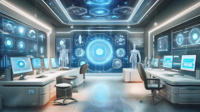 Futuristic healthcare room featuring holographic AI systems analyzing medical data, robotic tools, and advanced digital displays, symbolizing the integration of cutting-edge technology in healthcare by 2025.